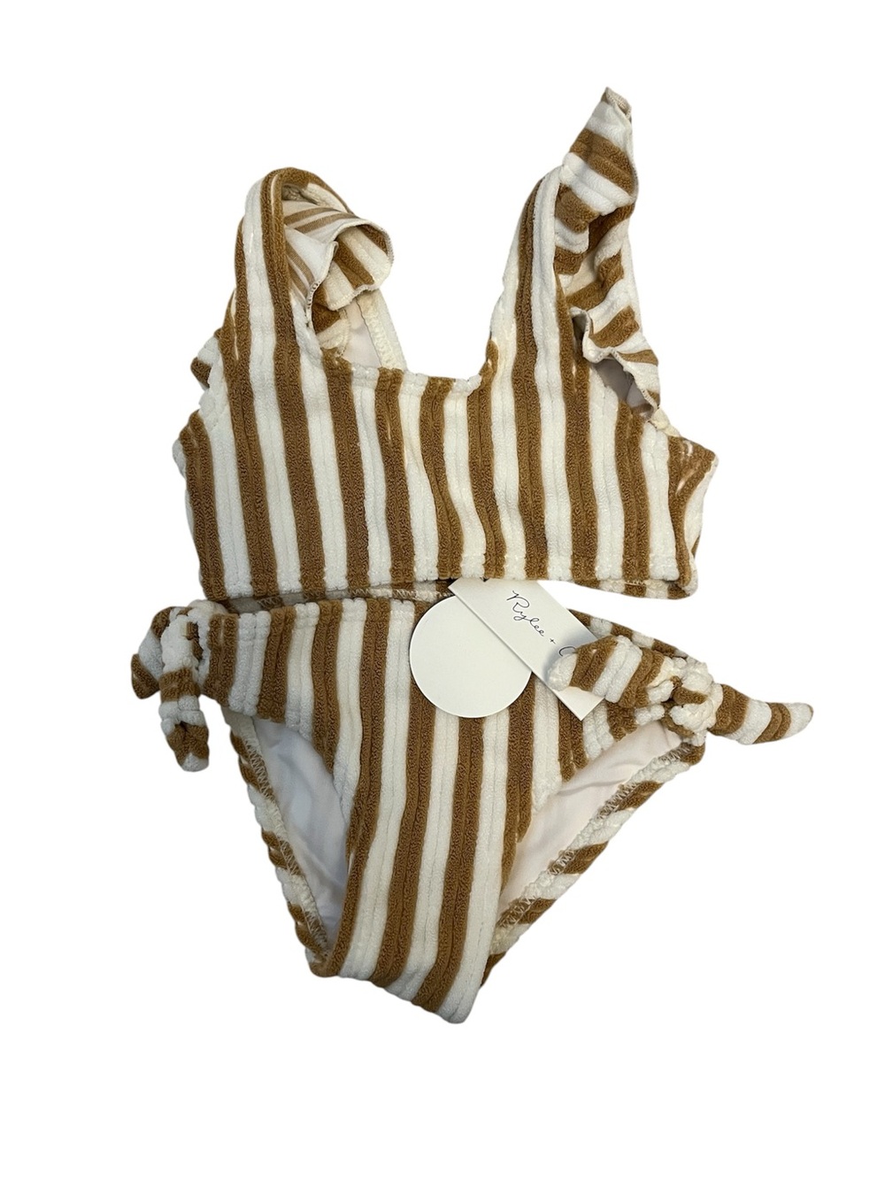 NWT Rylee + Cru Striped Ruffle Two - Piece Swimsuit in Tan & White Terry Cloth - Picture 2 of 3